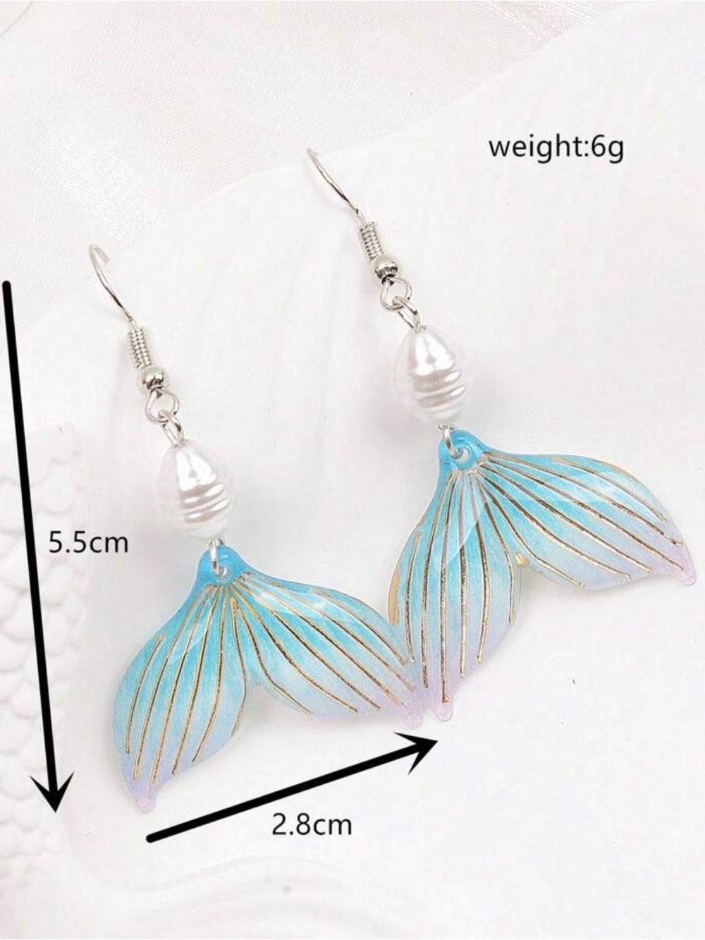 Blue Mermaid Tail Drop Earrings with Pearl Accent - Picture 5 of 7